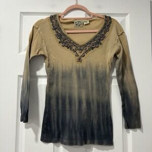 Vintage 24‎ Karat Beaded Ombre Top Womens Small Y2K Boho Festival Ribbed Shirt